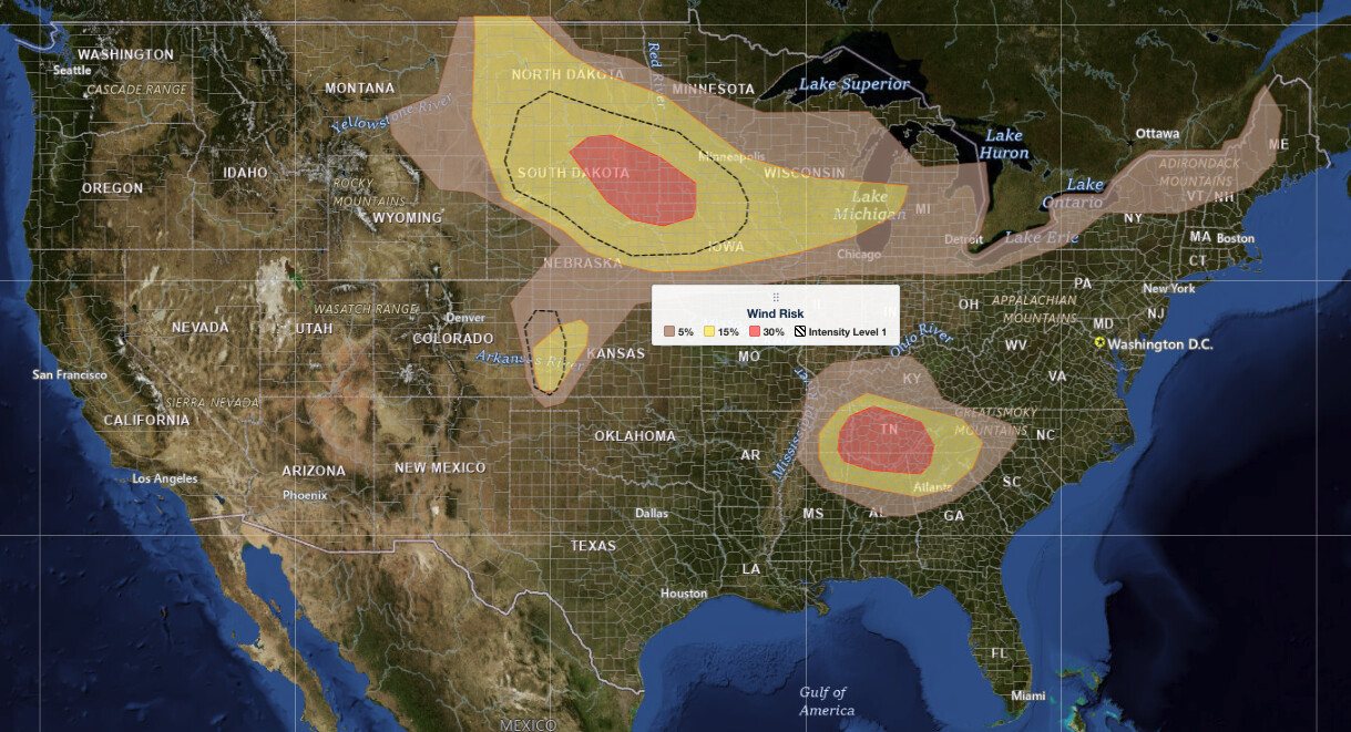 Northern Plains severe thunderstorms wind risk map for July 2, 2026, showing a 30 percent damaging wind 
  probability and significant severe area over the Dakotas and Minnesota