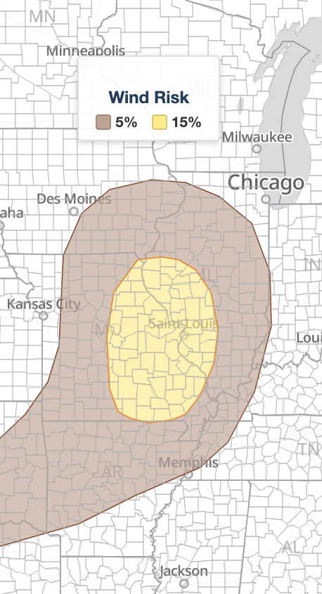 Ozarks severe 
  thunderstorms damaging wind risk map showing the 15 percent wind probability over Missouri and Illinois on July 31, 2026