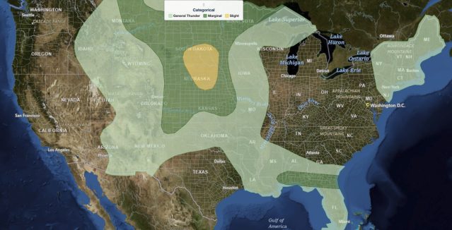 SPC categorical severe weather risk map for Plains severe thunderstorms on July 30, 2026, with a Slight Risk over eastern South Dakota and central Nebraska