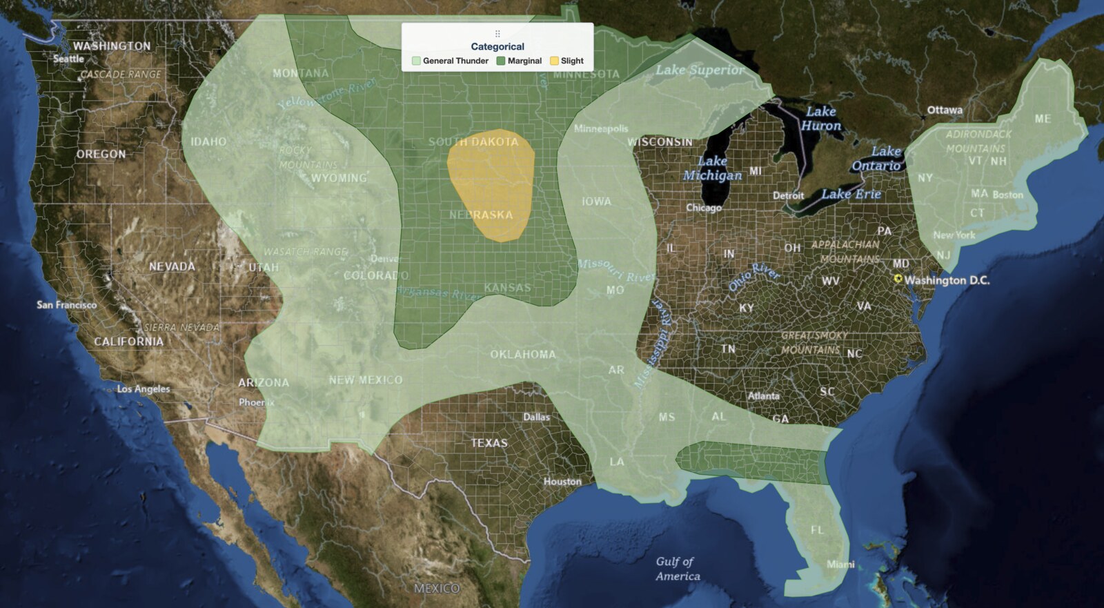 SPC categorical severe weather risk map for Plains severe thunderstorms on July 30, 2026, with a Slight Risk over eastern South Dakota and central Nebraska
