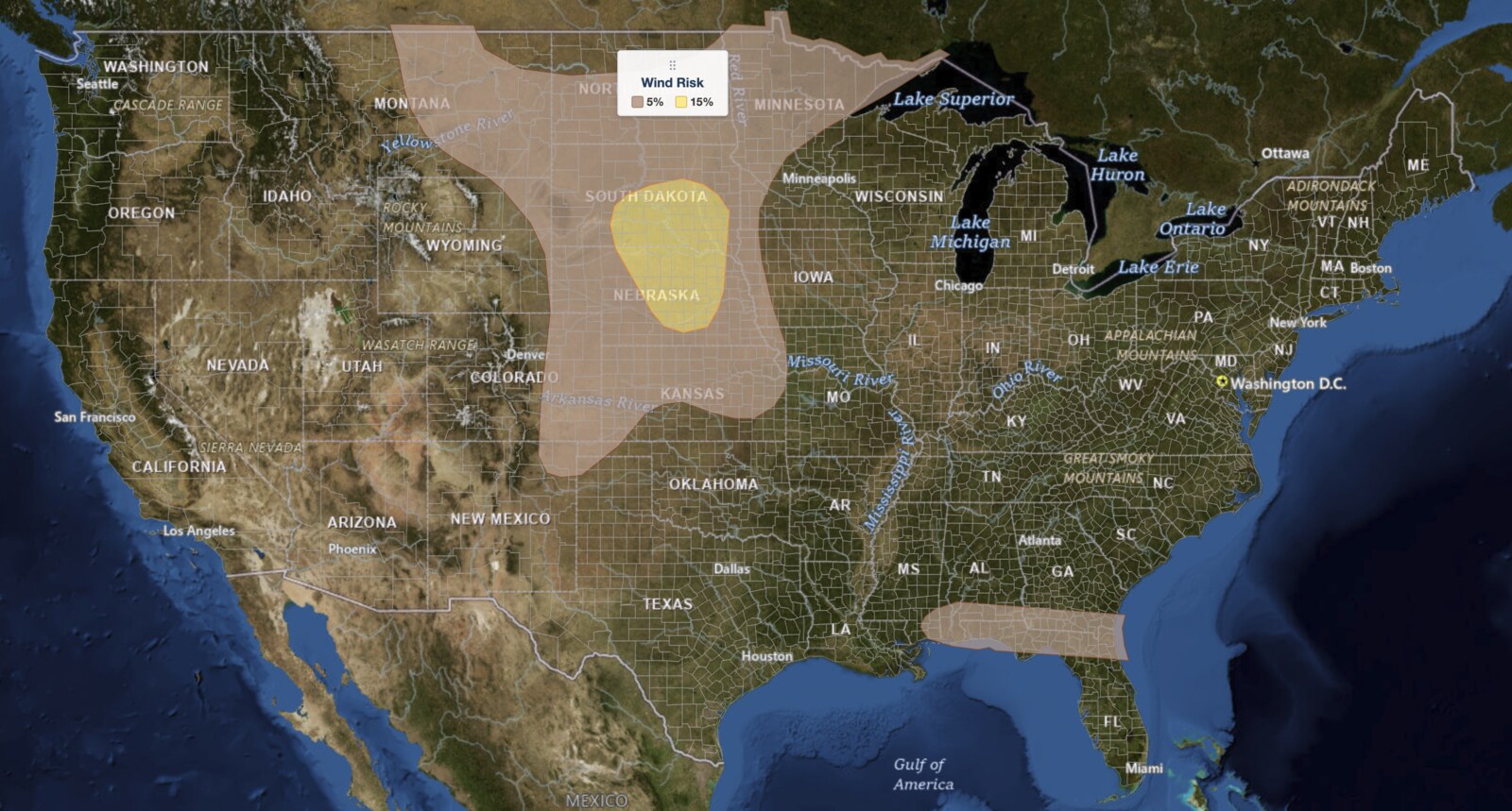 SPC damaging wind 
  probability map for Plains severe thunderstorms on July 30, 2026, showing a 15 percent wind risk over eastern South Dakota and central Nebraska