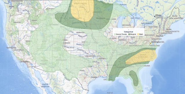 SPC Day 1 categorical severe weather outlook for July 19, 2026, showing Slight Risk areas for Southeast severe thunderstorms across the Carolinas, north Georgia, and southern Virginia, plus the Dakotas and western Minnesota.