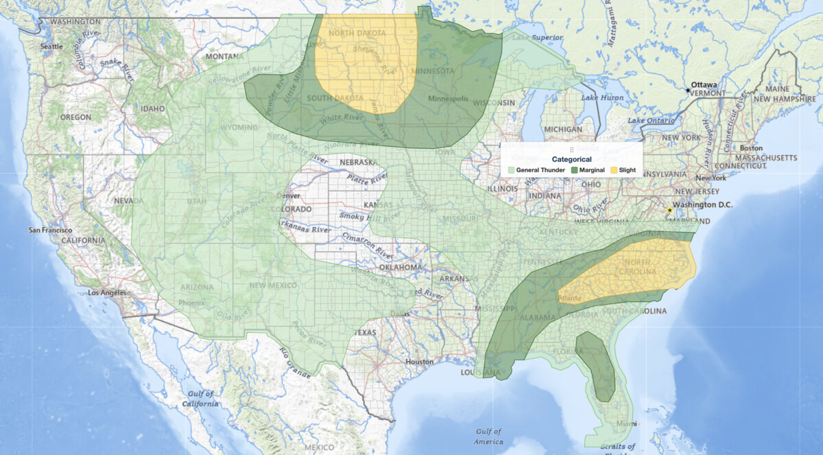 SPC Day 1 categorical severe weather outlook for July 19, 2026, showing Slight Risk areas for Southeast severe thunderstorms across the Carolinas, north Georgia, and southern Virginia, plus the Dakotas and western Minnesota.