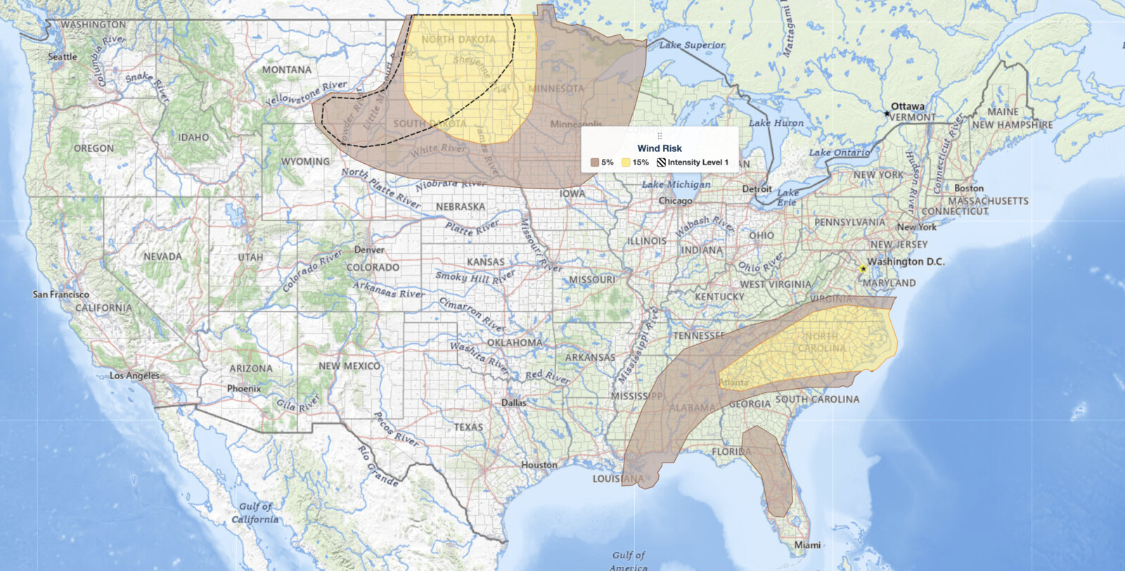 SPC Day 1 wind risk map for 
  July 19, 2026, showing a 15% damaging wind probability for Southeast severe thunderstorms over parts of the Carolinas and a matching 15% wind area across the 
  Dakotas and western Minnesota.