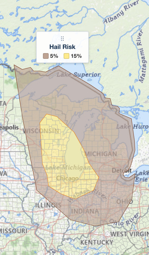 Upper 
  Midwest severe thunderstorms large hail risk map for July 27, 2026, showing a 15 percent SPC hail probability over southern Wisconsin, Chicago, 
  northern Illinois, and northern Indiana
