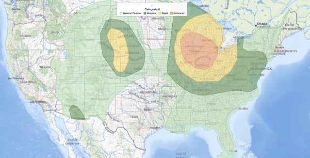 Upper Midwest severe thunderstorms outlook map for July 27, 2026, showing an SPC Enhanced Risk over Chicago, Detroit, and the southern Great Lakes into the Ohio Valley