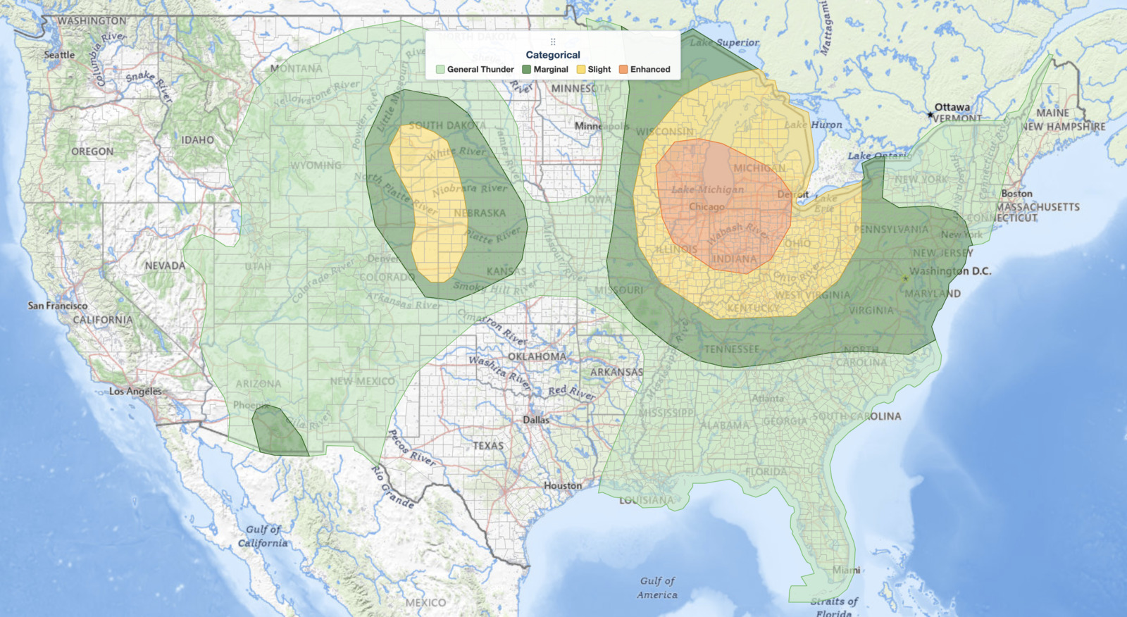 Upper Midwest severe thunderstorms outlook map for July 27, 2026, showing an SPC Enhanced Risk over Chicago, Detroit, and the southern Great Lakes into the Ohio Valley