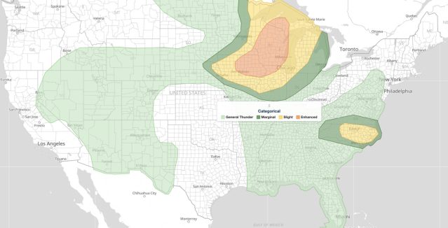 Upper Midwest severe thunderstorms categorical risk map for July 20, 2026, showing an SPC Enhanced Risk from Minnesota and Iowa across Wisconsin to the Great Lakes.