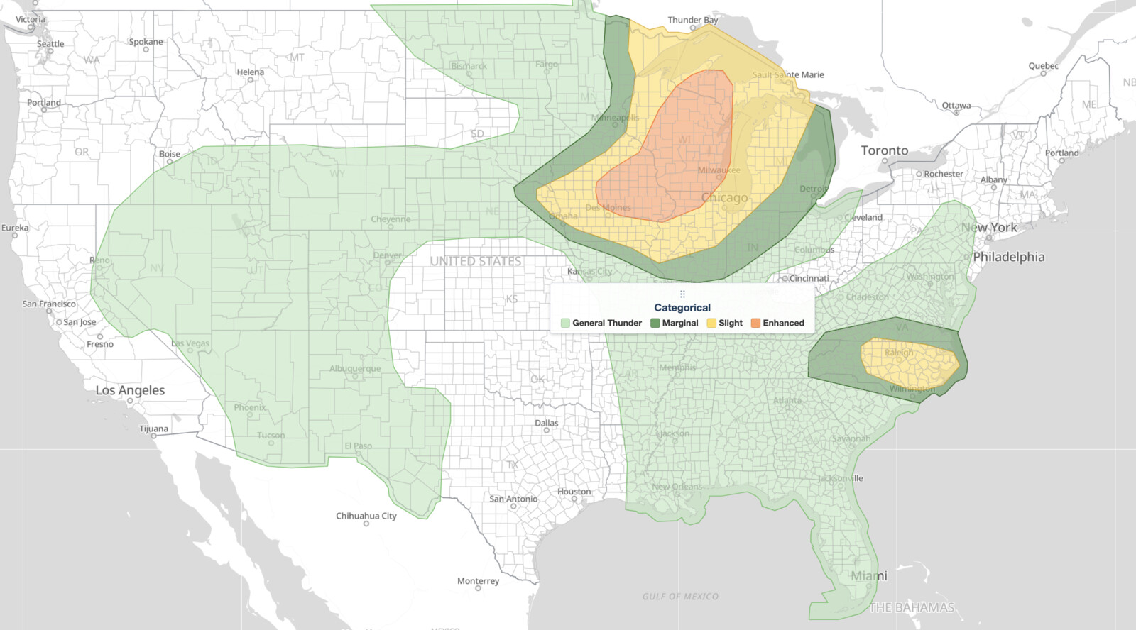 Upper Midwest severe thunderstorms categorical risk map for July 20, 2026, showing an SPC Enhanced Risk from Minnesota and Iowa across Wisconsin to the Great Lakes.