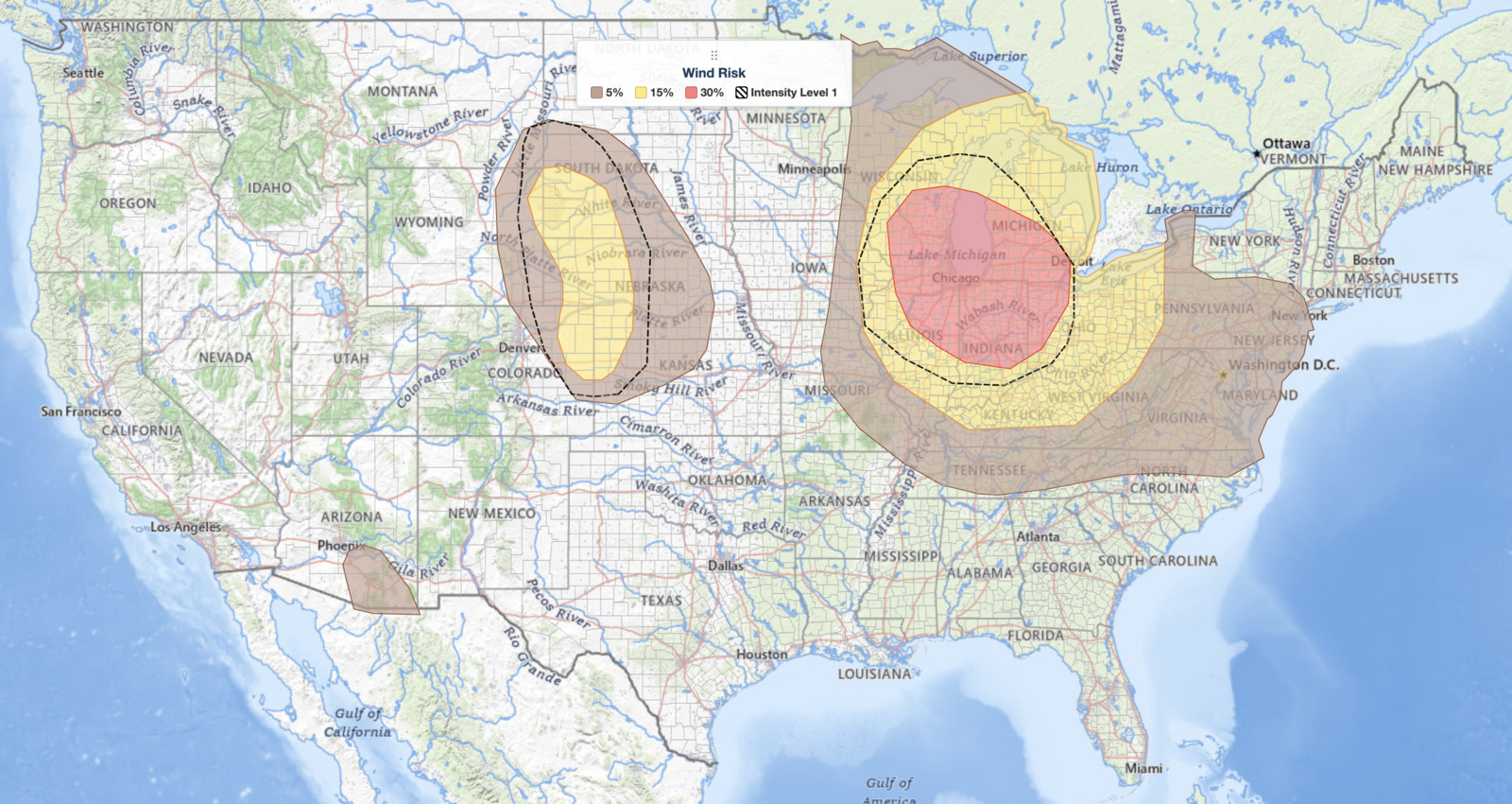 Upper
  Midwest severe thunderstorms damaging wind risk map for July 27, 2026, showing a 30 percent SPC wind probability and a hatched significant wind
  area over northern Illinois, northern Indiana, and southern Michigan