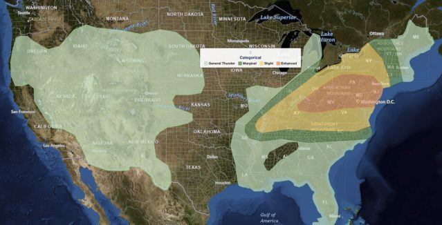 NOAA Storm Prediction Center categorical severe weather outlook for July 21, 2026, showing an Enhanced Risk (orange) over the Upper Ohio Valley into the Mid-Atlantic, ringed by Slight (yellow) and Marginal (green) risk areas across the eastern United States.