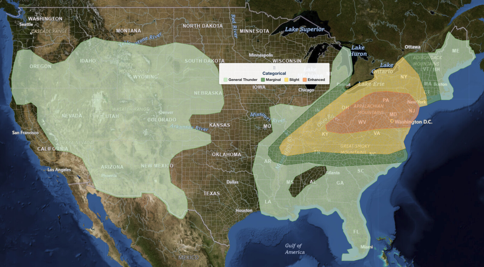 NOAA Storm Prediction Center categorical severe weather outlook for July 21, 2026, showing an Enhanced Risk (orange) over the Upper Ohio Valley into the Mid-Atlantic, ringed by Slight (yellow) and Marginal (green) risk areas across the eastern United States.