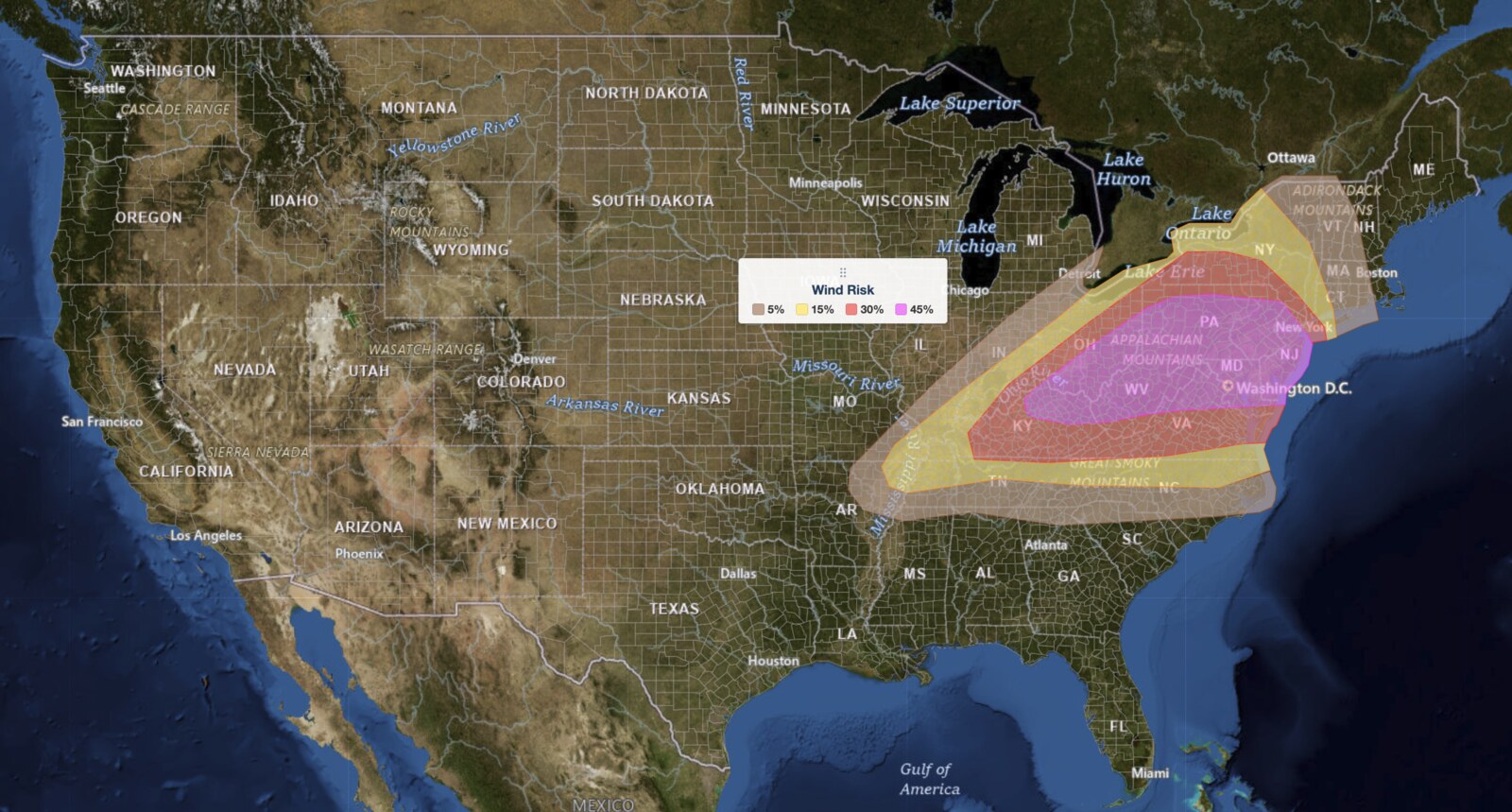NOAA SPC damaging-wind probability map showing the July 21, 2026 Upper Ohio Valley severe weather threat,
  with a 45 percent wind risk area (magenta) over the region into the Mid-Atlantic.
