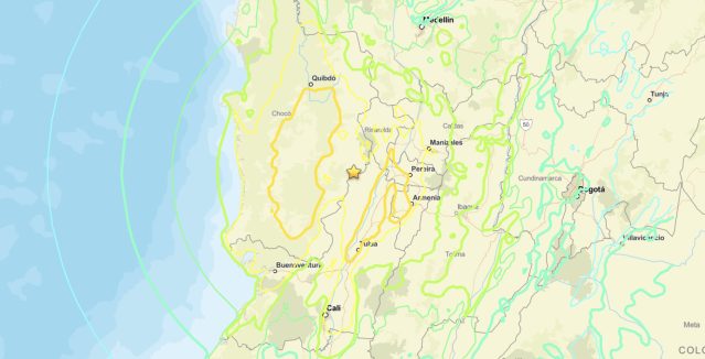 Colombia earthquake M7.4 USGS ShakeMap intensity contours across Chocó, Risaralda and the Cauca Valley on August 10, 2026