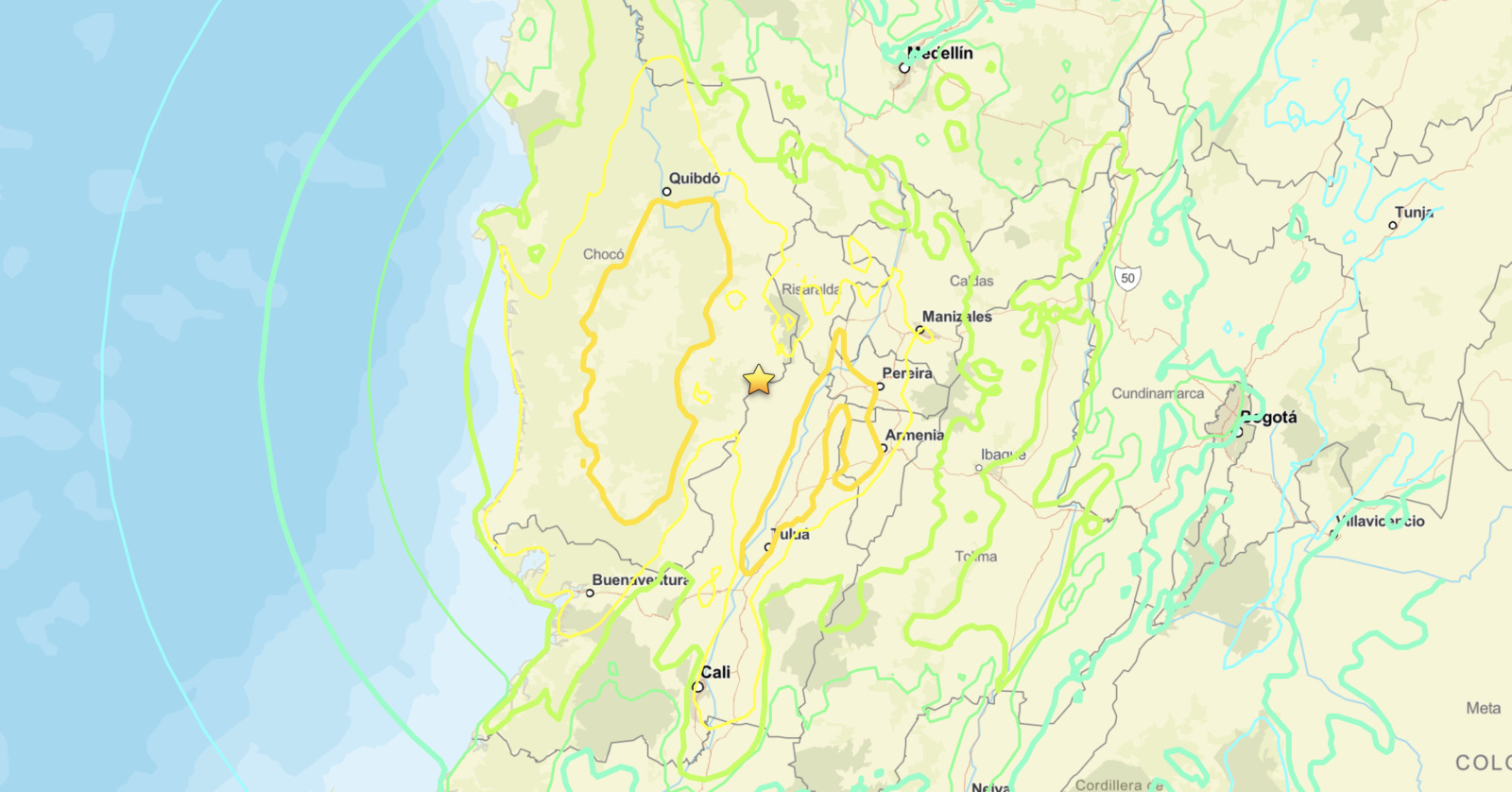 Colombia earthquake M7.4 USGS ShakeMap intensity contours across Chocó, Risaralda and the Cauca 
  Valley on August 10, 2026