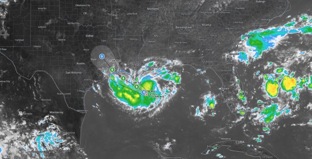 Gulf Coast tropical storm satellite and radar view of Potential Tropical Cyclone Five south of Louisiana with the NHC forecast track into the upper Texas coast, August 31, 2026