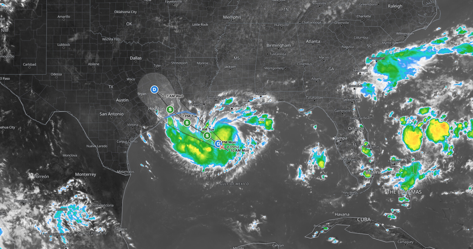 Gulf Coast
  tropical storm satellite and radar view of Potential Tropical Cyclone Five south of Louisiana with the NHC forecast track into the upper Texas
  coast, August 31, 2026