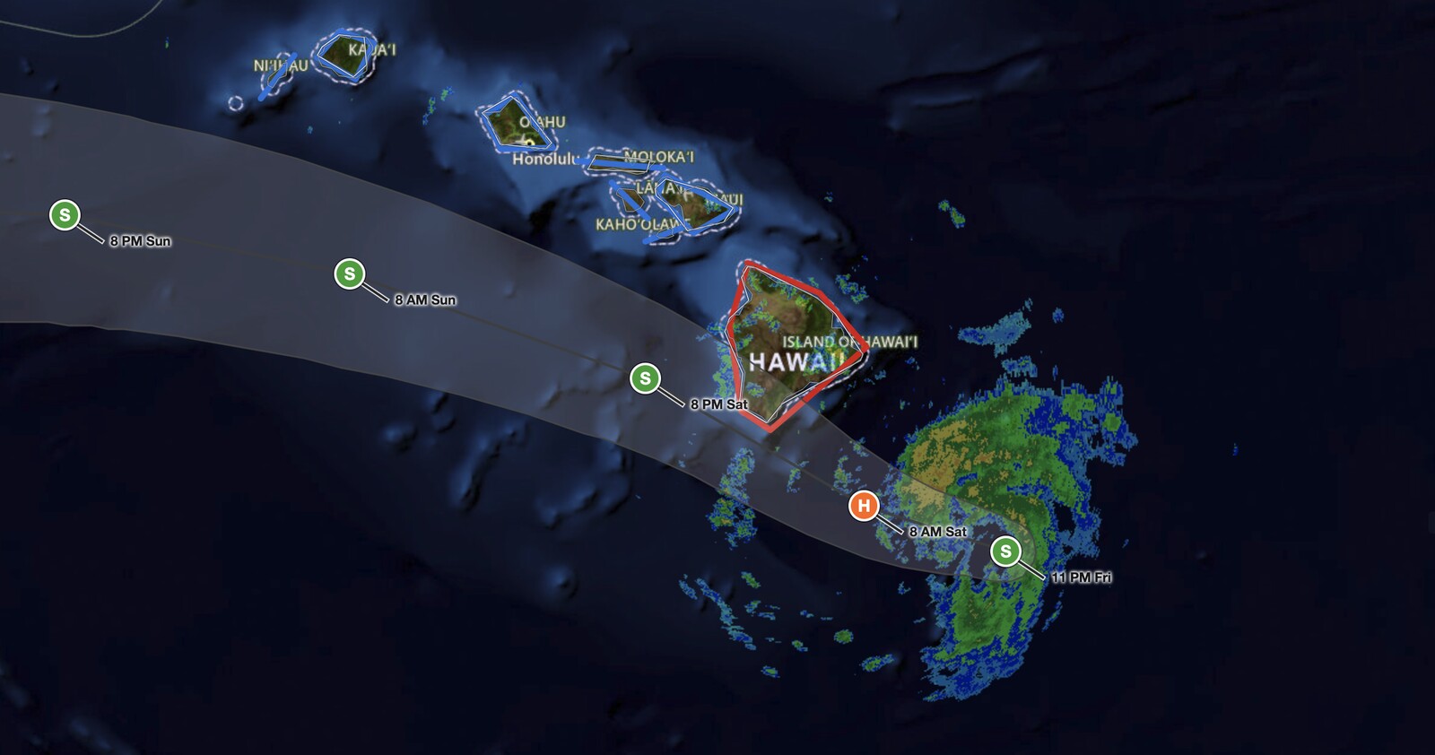 Radar and forecast track for Hawaii Hurricane Lala on August 15, 2026, showing rain bands approaching the Big Island 
  as the center tracks west-northwest.