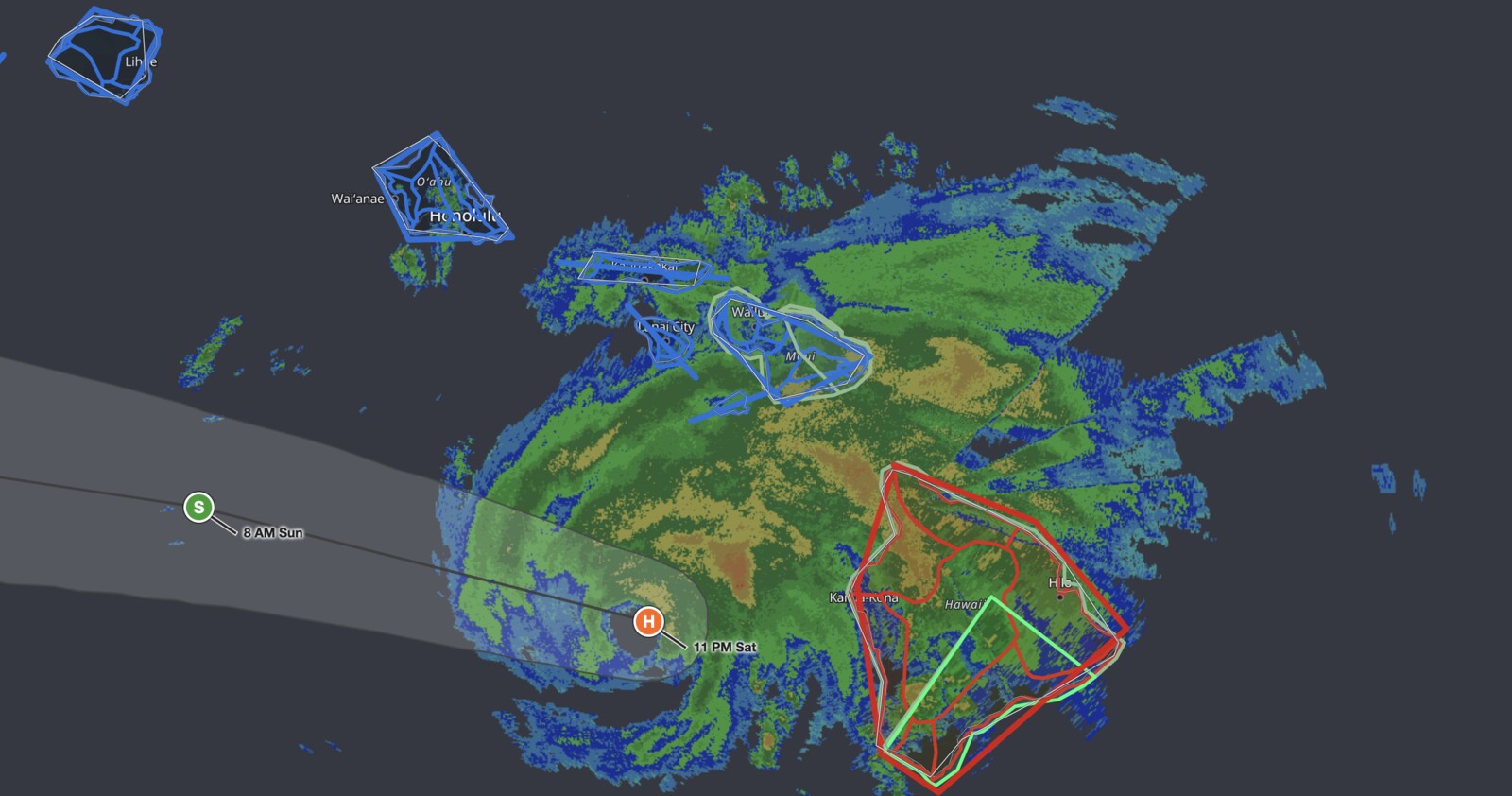 Hawaii Hurricane Lala radar and warning map: storm center offshore southwest of the Big 
  Island, Hurricane Warning in red, Tropical Storm Warnings in blue.
