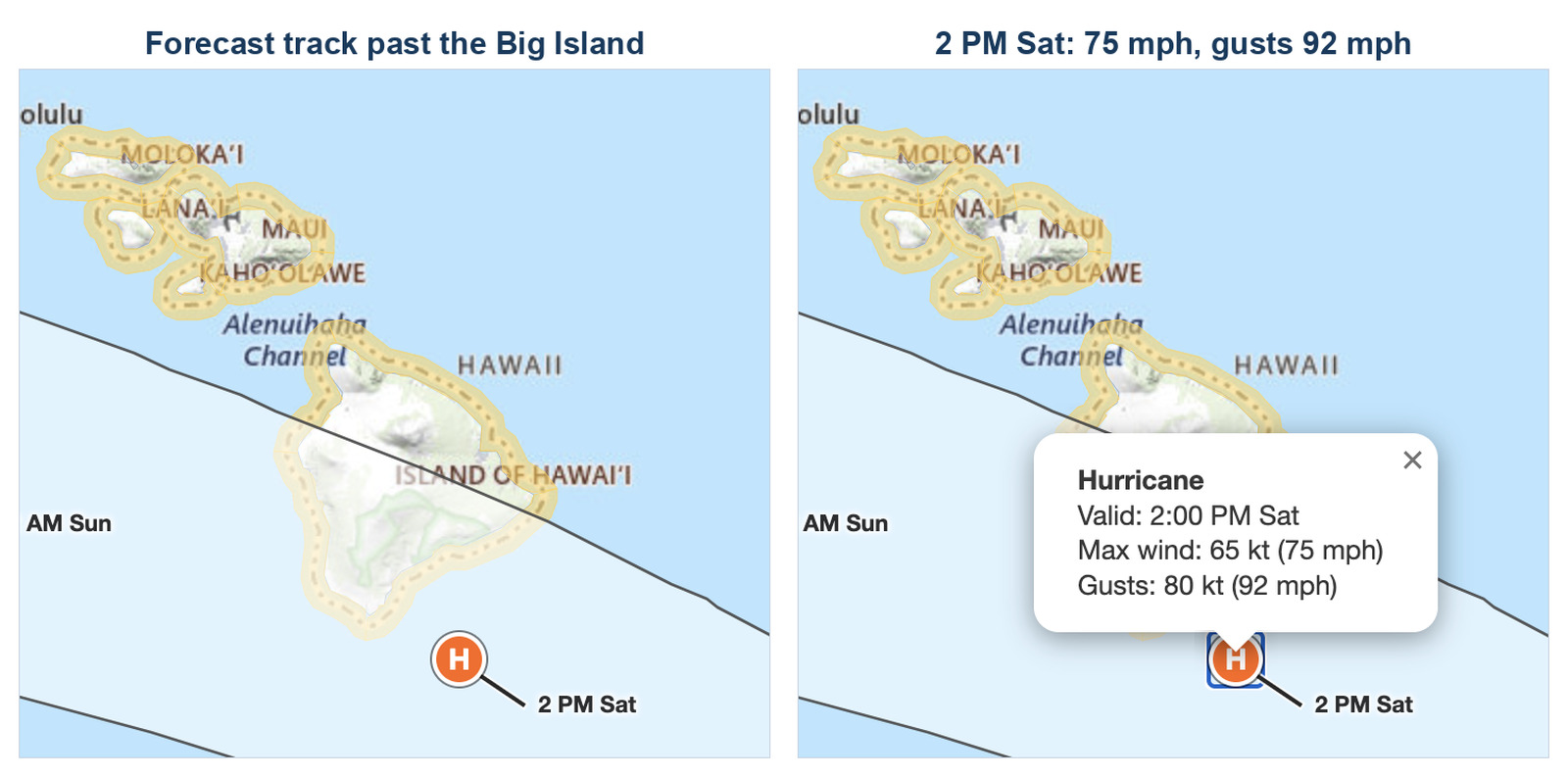 Hawaii tropical storm Lala forecast track detail for August 14, 2026, showing the center passing just south of the Big 
  Island at 2 PM Saturday as a hurricane with maximum sustained winds of 65 knots (75 mph) and gusts to 80 knots (92 mph)