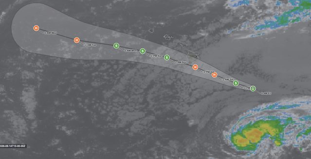Hawaii tropical storm Lala forecast track and infrared satellite image for August 14, 2026, showing the National Hurricane Center cone carrying the center to hurricane strength just south of the Big Island on Saturday before it passes south of Oahu and Kauai on Sunday