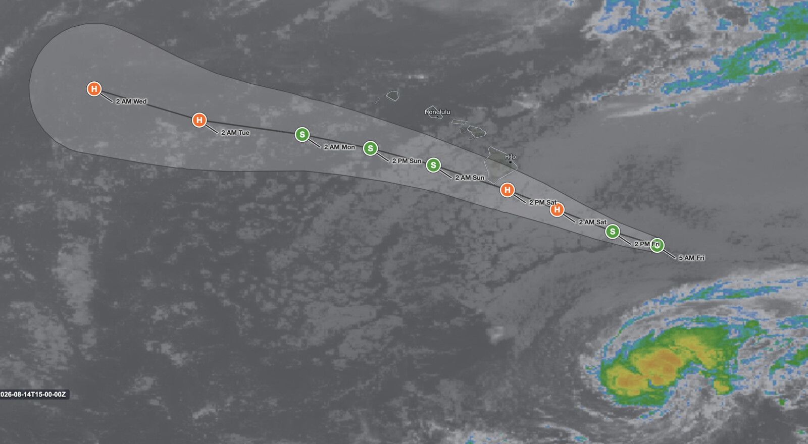 Hawaii tropical storm Lala forecast track and infrared satellite image for August 14, 2026, showing the National Hurricane Center 
  cone carrying the center to hurricane strength just south of the Big Island on Saturday before it passes south of Oahu and Kauai on 
  Sunday
