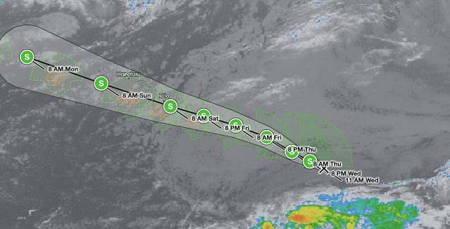 Hawaii tropical storm forecast track for Potential Tropical Cyclone One-C on August 13, 2026, showing the National Hurricane Center forecast cone crossing the Hawaiian Islands from Friday night into Monday with the center passing near Hilo and Honolulu