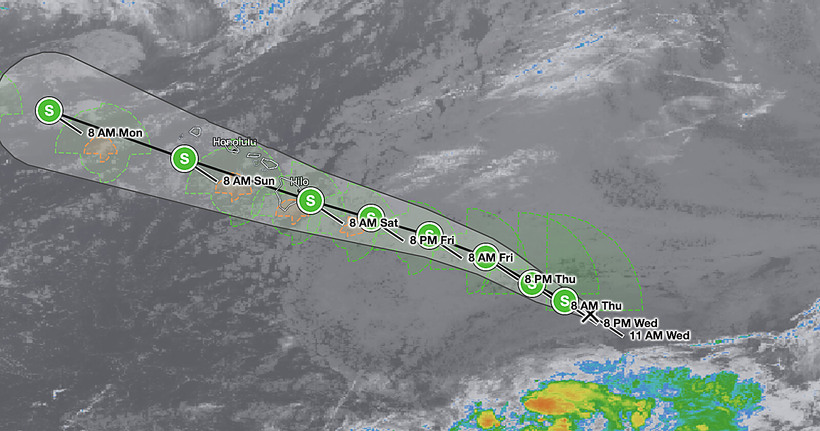 Hawaii 
  tropical storm forecast track for Potential Tropical Cyclone One-C on August 13, 2026, showing the National Hurricane Center forecast 
  cone crossing the Hawaiian Islands from Friday night into Monday with the center passing near Hilo and Honolulu