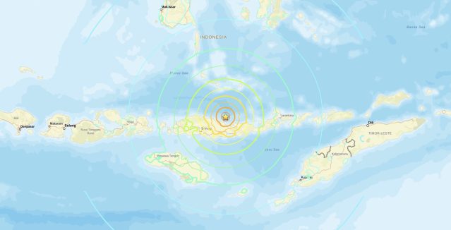 USGS ShakeMap of the Indonesia earthquake, a magnitude 7.7 event near Ende in the Flores Sea on August 15, 2026, showing strong to severe shaking across East Nusa Tenggara.