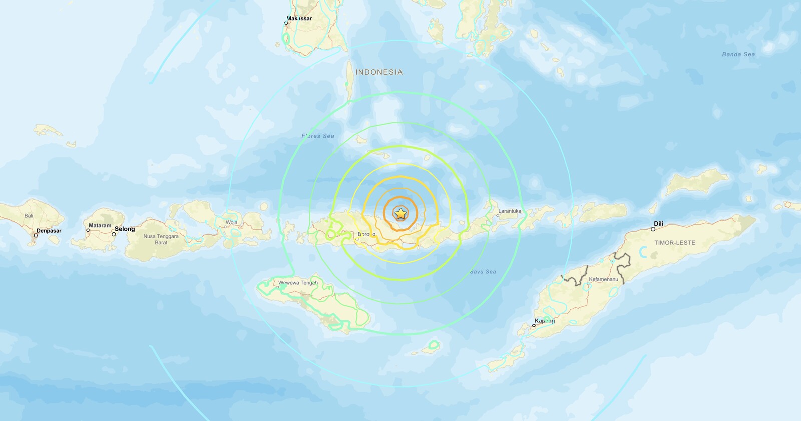 USGS ShakeMap of the Indonesia 
  earthquake, a magnitude 7.7 event near Ende in the Flores Sea on August 15, 2026, showing strong to severe shaking across 
  East Nusa Tenggara.