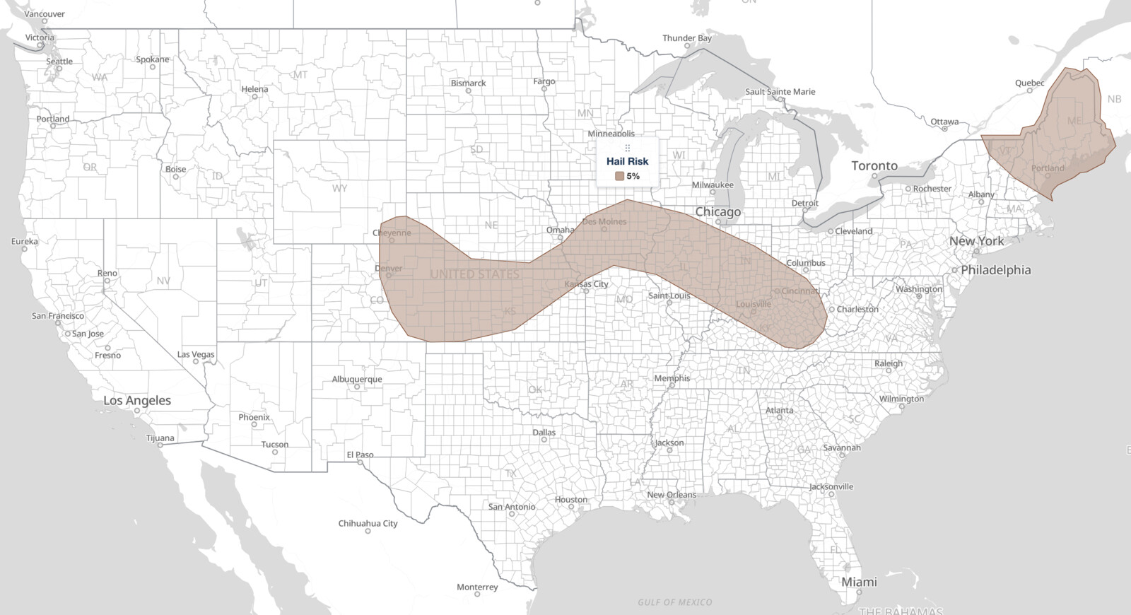 Iowa Illinois severe thunderstorms large hail risk map for August 13, 2026, showing the SPC 5 percent hail probability from 
  Denver and Cheyenne east across Kansas, Iowa, and Illinois to Indianapolis, Cincinnati, and Louisville, plus a separate area over 
  northern New England