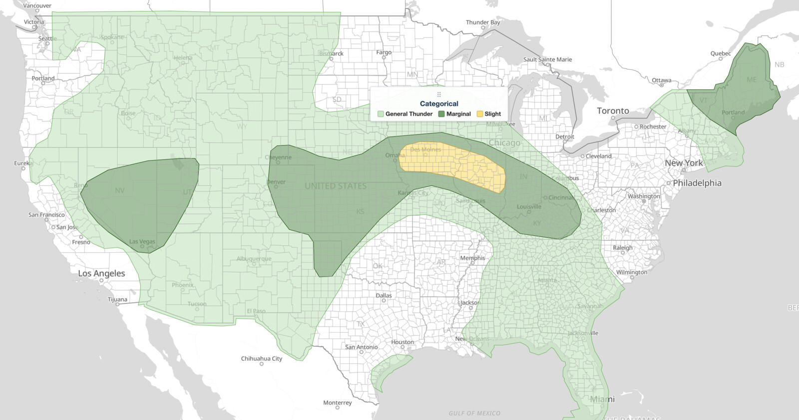 Iowa Illinois severe thunderstorms SPC Day 1 categorical risk map for August 13, 2026, showing a Slight Risk from Des Moines across Cedar Rapids, Davenport, Peoria, and Champaign, with a Marginal Risk wrapping from the central Plains into Indiana, Ohio, and Kentucky