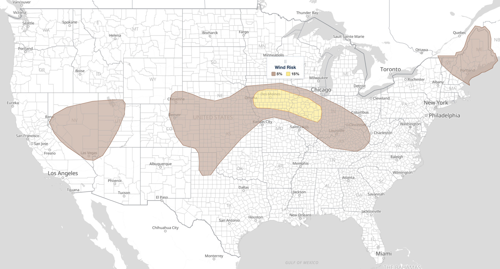 Iowa Illinois severe thunderstorms damaging wind risk map for August 13, 2026, showing the SPC 15 percent wind probability from 
  Des Moines across Cedar Rapids, Davenport, Peoria, and Champaign inside a 5 percent area reaching Denver, Omaha, Indianapolis, and 
  Louisville