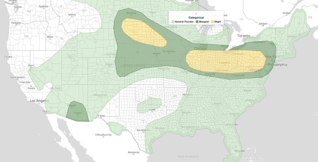 Midwest severe thunderstorms SPC Day 1 categorical risk map for August 10, 2026, showing a Slight Risk from northern Illinois through Ohio and Pennsylvania to Baltimore, and a second Slight Risk over the Dakotas