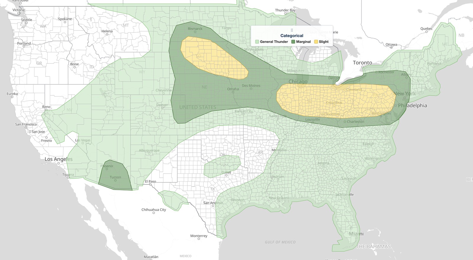Midwest severe thunderstorms SPC Day 1 categorical risk map for August 10, 2026, showing a Slight Risk from northern Illinois through Ohio and Pennsylvania to Baltimore, and a second Slight Risk over the Dakotas