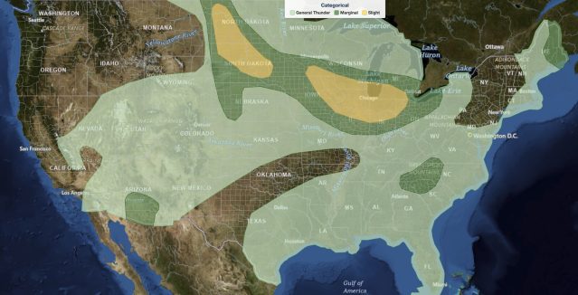 Midwest severe thunderstorms SPC Day 1 categorical risk map for August 9, 2026, showing a Slight Risk from eastern Iowa across northern Illinois and Indiana to Lake Michigan, and a second Slight Risk over the Dakotas