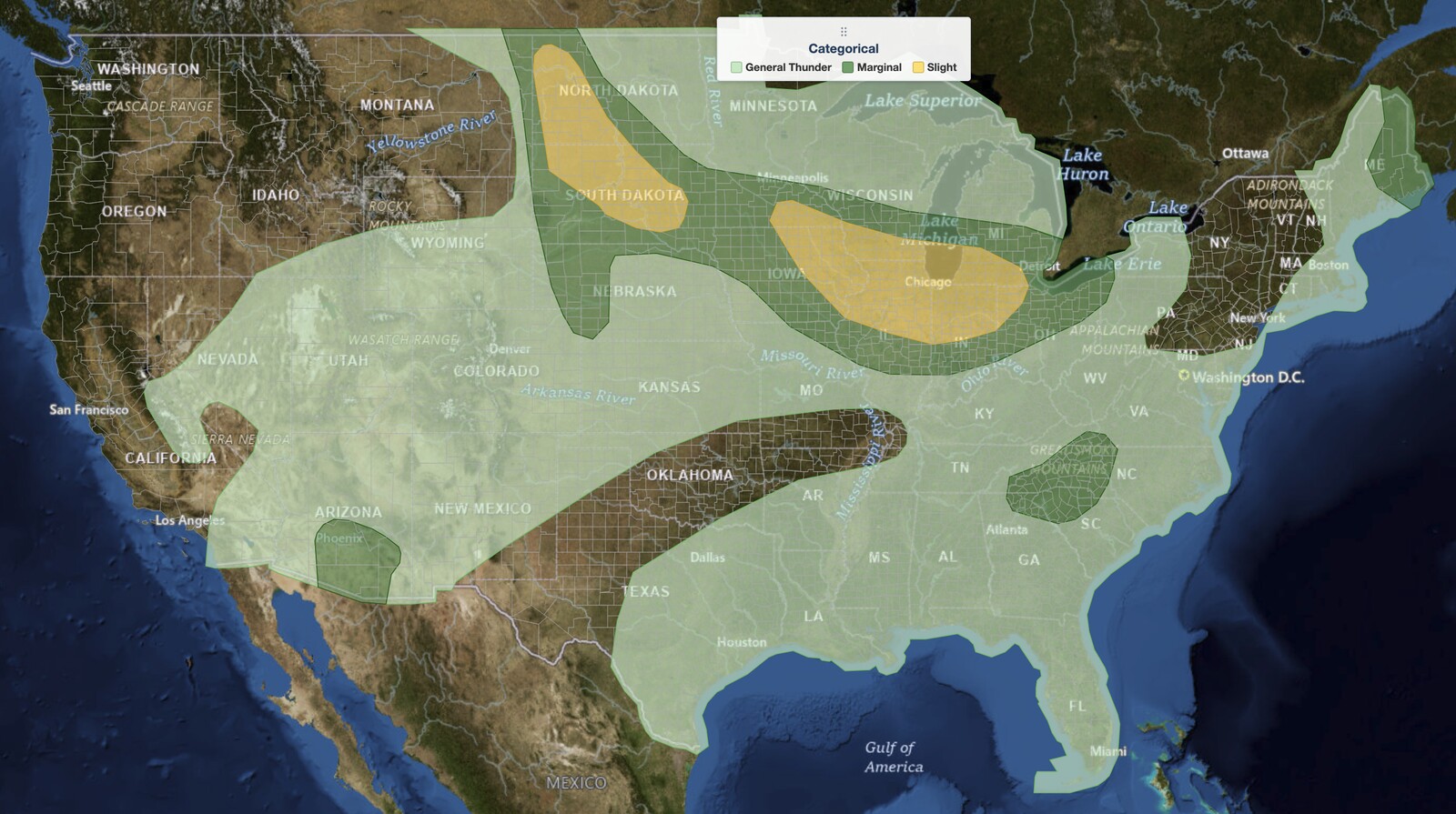 Midwest severe thunderstorms SPC Day 1 categorical risk map for August 9, 2026, showing a Slight Risk from eastern Iowa across northern Illinois and Indiana to Lake Michigan, and a second Slight Risk over the Dakotas