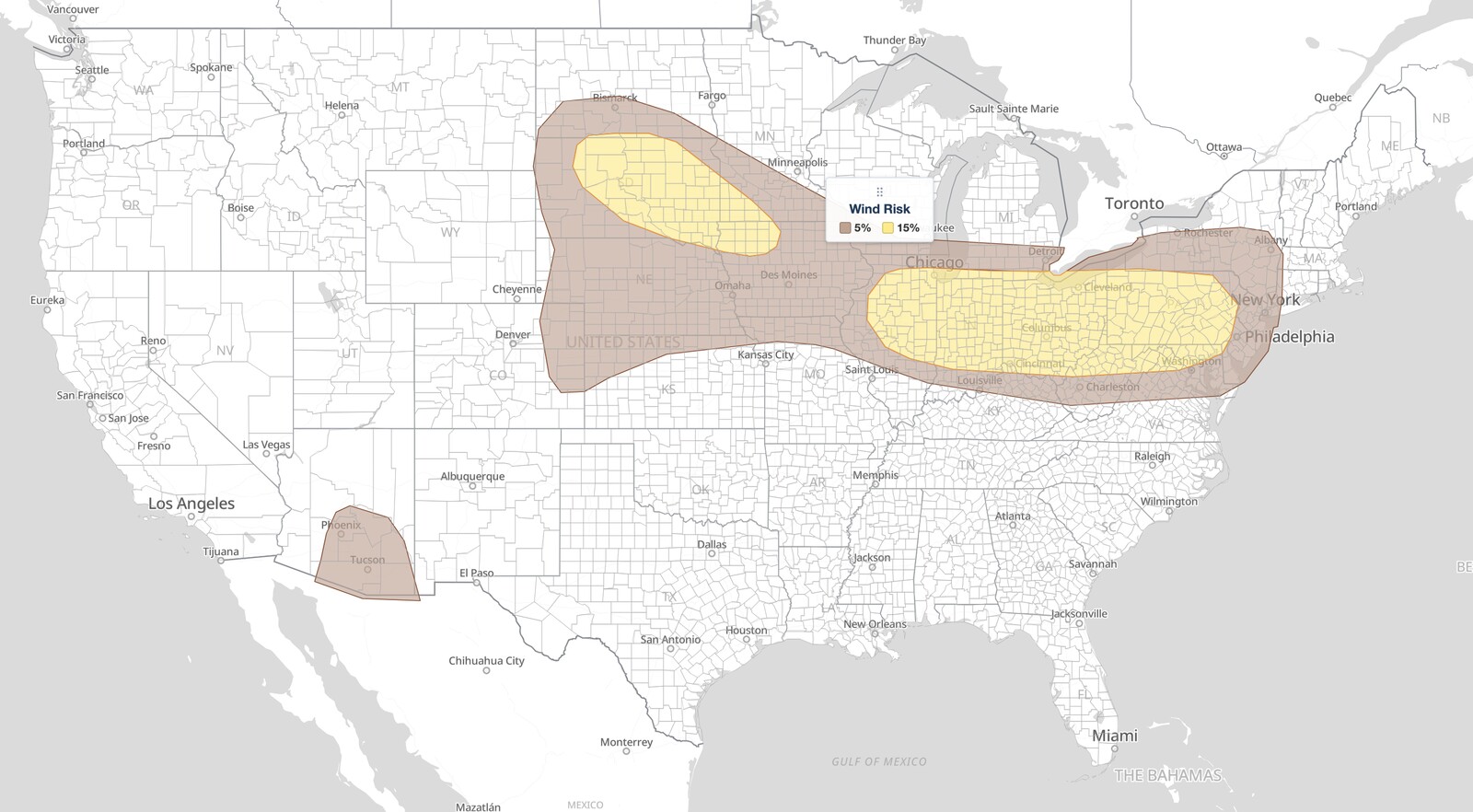 Midwest severe thunderstorms damaging wind
  risk map for August 10, 2026, showing the SPC 15 percent wind probability from Chicago through Columbus and Pittsburgh to Baltimore