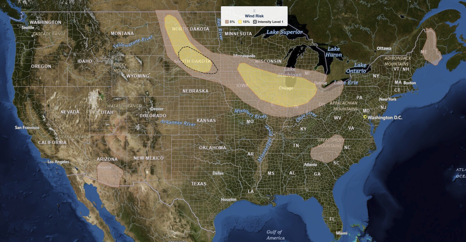 Midwest severe
  thunderstorms damaging wind risk map for August 9, 2026, showing the SPC 15 percent wind probability over the Chicago area and the Dakotas