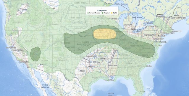 Missouri Valley severe thunderstorms SPC categorical risk map for August 14, 2026, showing a Slight Risk across Iowa from Omaha and Council Bluffs east through Des Moines and the Quad Cities to Peoria, inside a broad Marginal Risk from Colorado to the Mid-Atlantic