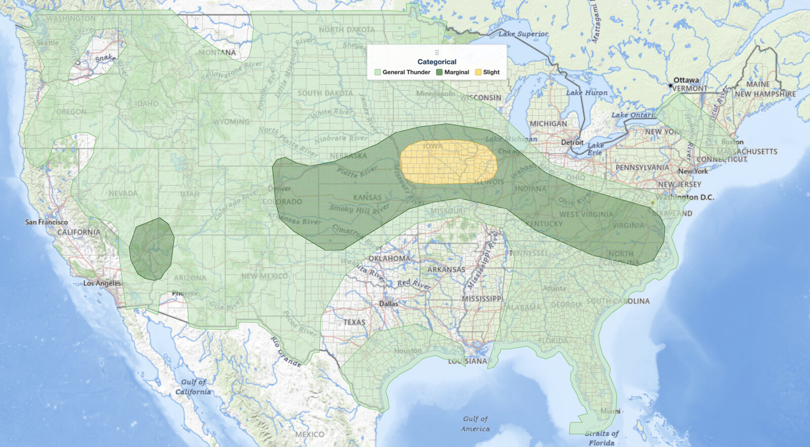 Missouri Valley severe thunderstorms SPC categorical risk map for August 14, 2026, showing a Slight Risk across Iowa from Omaha and Council Bluffs east through Des Moines and the Quad Cities to Peoria, inside a broad Marginal Risk from Colorado to the Mid-Atlantic