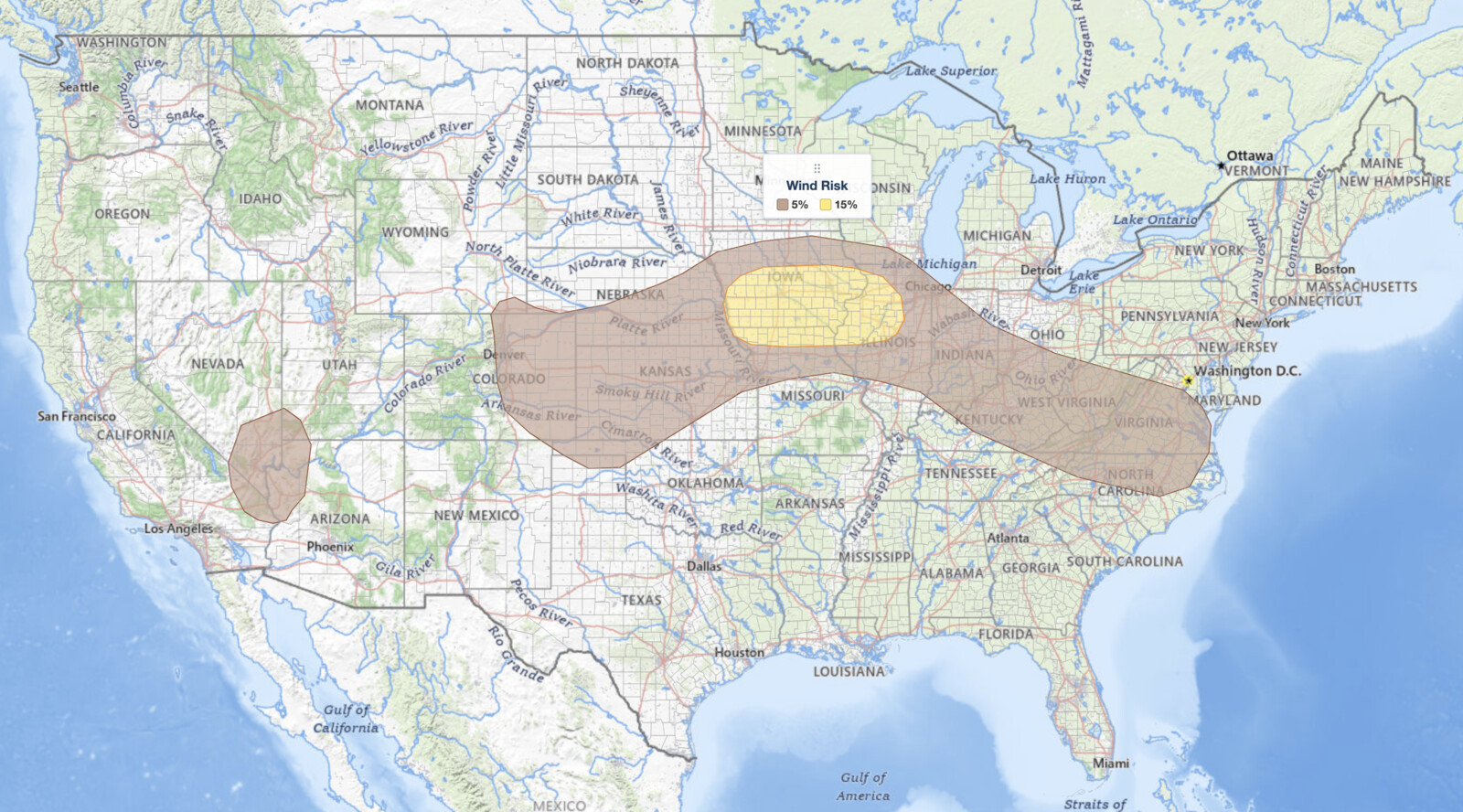 Missouri Valley severe thunderstorms damaging wind probability map for August 14, 2026, showing the SPC 15% wind risk over Iowa 
  and eastern Nebraska inside a 5% wind risk stretching from Colorado and Kansas to Virginia and North Carolina