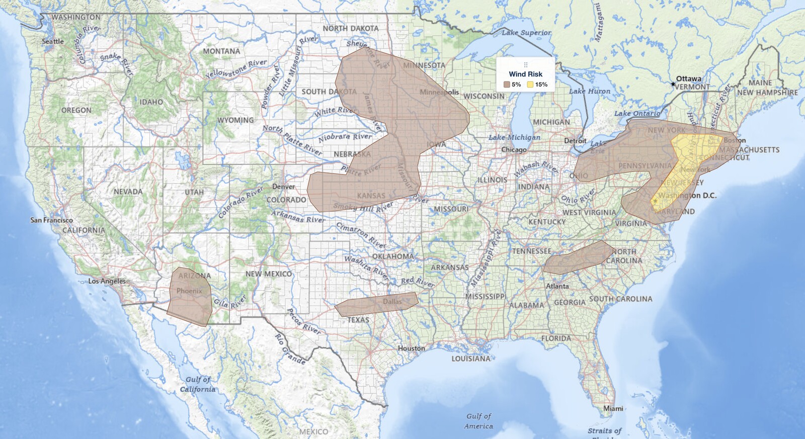 Northeast severe
  thunderstorms damaging wind risk map for August 8, 2026, showing the SPC 15 percent wind probability from Washington DC through New York City to western
  Massachusetts