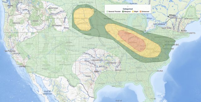Ohio Valley severe thunderstorms SPC categorical risk map for August 11, 2026, showing an Enhanced Risk from northern Illinois through Indiana into Ohio and Kentucky