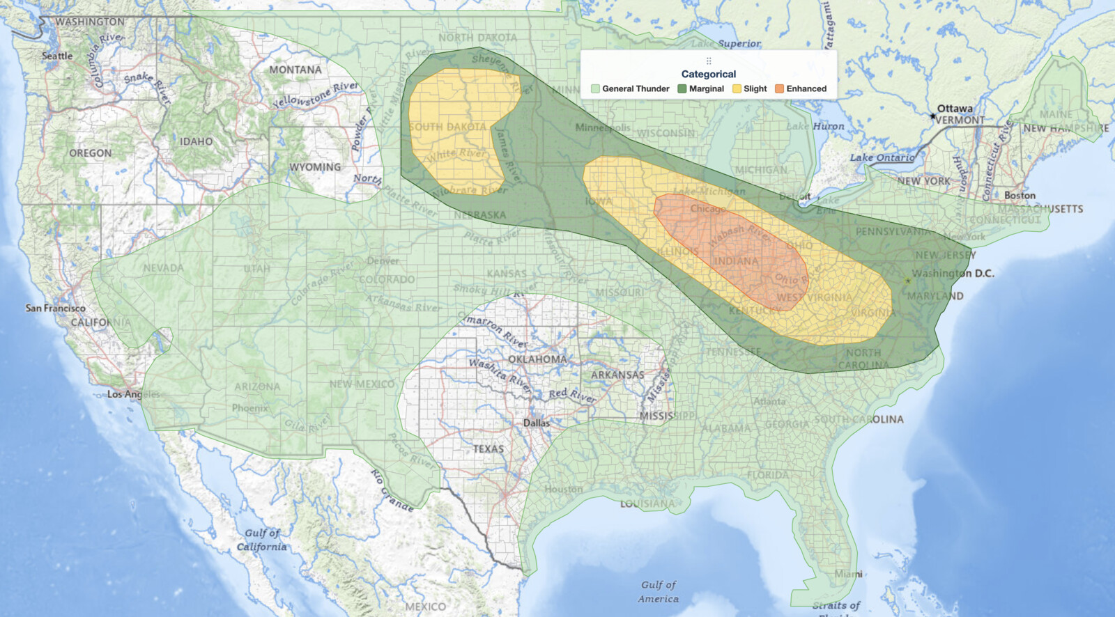 Ohio Valley severe thunderstorms SPC categorical risk map for August 11, 2026, showing an Enhanced Risk from northern Illinois through Indiana into Ohio and Kentucky