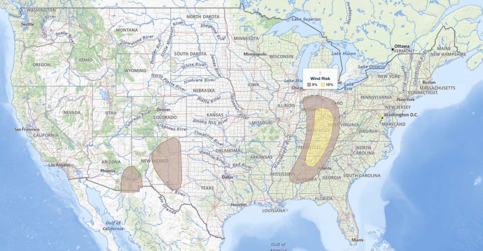 Ohio Valley severe
  thunderstorms wind risk map August 1, 2026: 15% damaging wind area from Cincinnati to Chattanooga