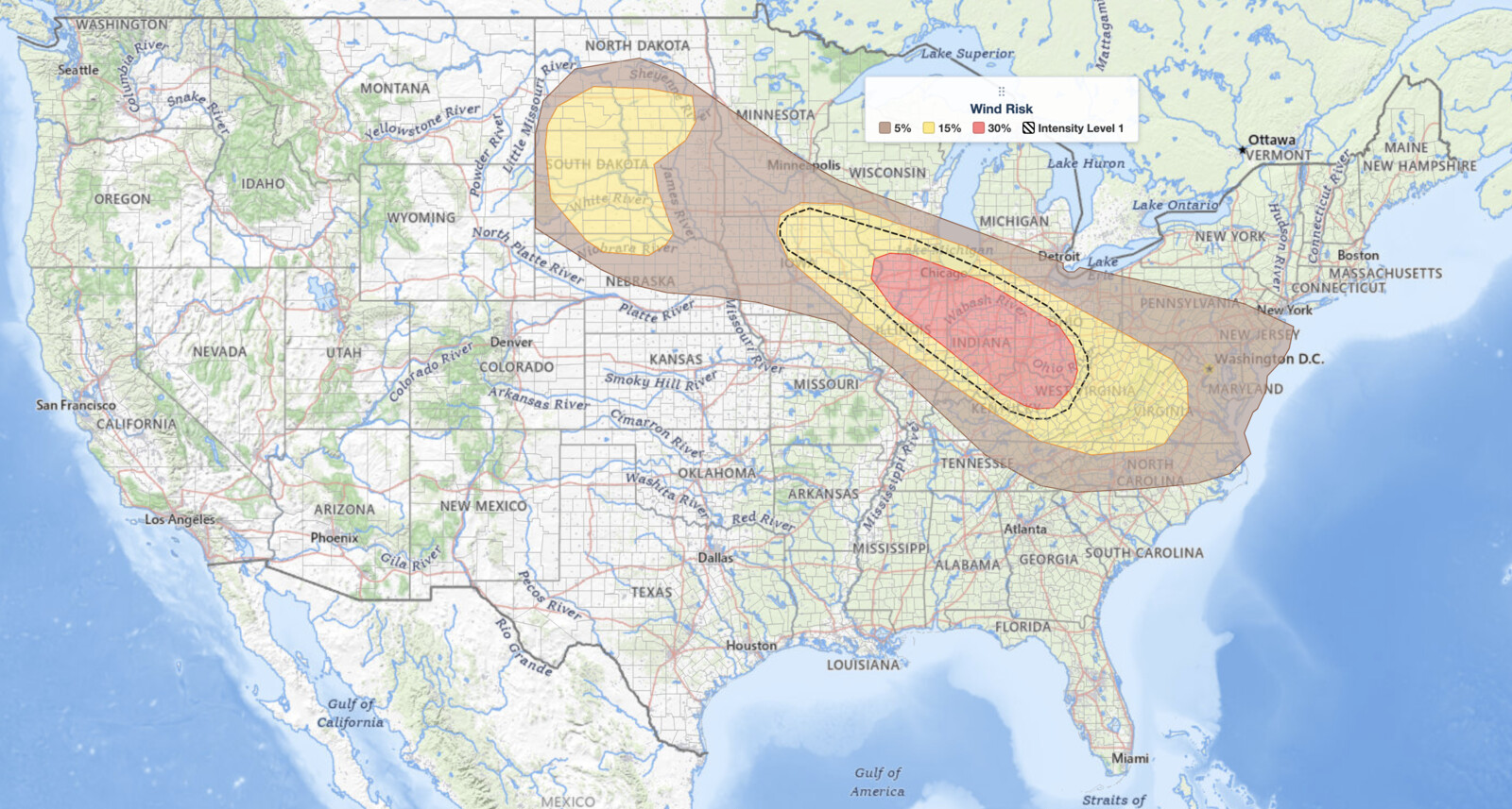 Ohio Valley severe
  thunderstorms damaging wind risk map for August 11, 2026, showing the SPC 30 percent damaging wind probability from Chicago through Indiana into the Ohio Valley