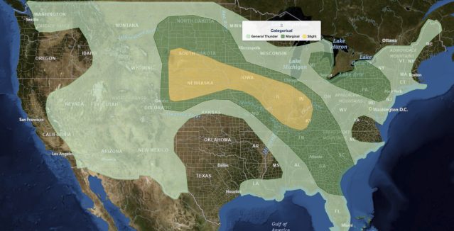 Plains severe thunderstorms SPC categorical risk map for August 12, 2026, showing a Slight Risk from the northern and central High Plains across Nebraska and Iowa into Illinois, Indiana, and the lower Ohio Valley
