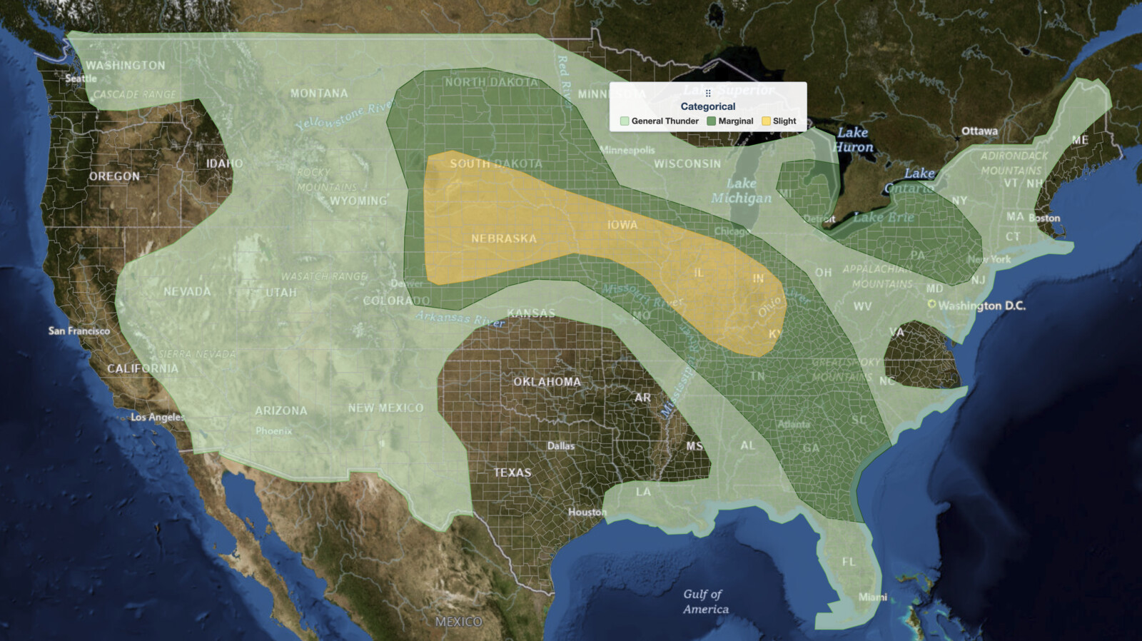 Plains severe thunderstorms SPC categorical risk map for August 12, 2026, showing a Slight Risk from the northern and central High Plains across Nebraska and Iowa into Illinois, Indiana, and the lower Ohio Valley