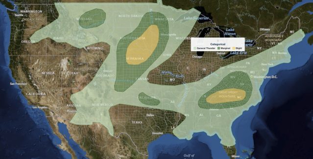 SPC Day 1 categorical risk map for Plains severe thunderstorms on August 17, 2026, showing a Slight Risk over central Nebraska and eastern South Dakota and a second Slight Risk over the Southern Appalachians.